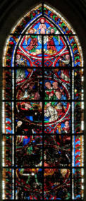 Verrière de saint Thomas Becket: Le meurtre dans la cathédrale- Les funérailles - La montée de l'âme au ciel