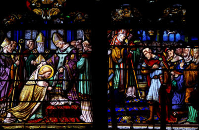 Saint Rémi sacré évêque de Reims -  Clovis est baptisé par Saint Rémi en présence de Sainte Clotilde et des seigneurs de la cour 