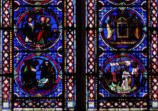 A gauche, trois saints sous un portique et une scène de résurrection - Apparition du Christ à saint Savinien emprisonné et Saint piere marcahnt sur les flots (?)