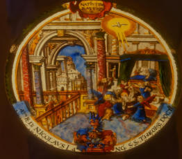 Vitrail attribué à l'atelier de Micharl Müller de Zoug: La naissance de la Vierge