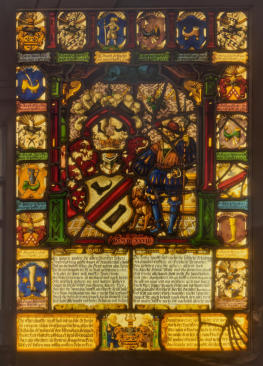 Vitrail attribué à Barthélemy Linck: Les armes de la corporation des cordonniers de Strasbourg entourées des blasons de certains de ses membres