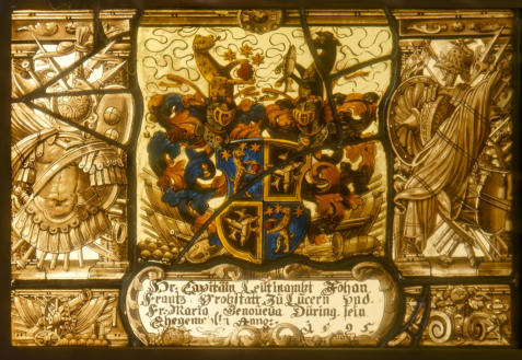 Vitrail aux armes de Johann-Frantz Probstatt et de Maria-Genouova Düring, son épouse
