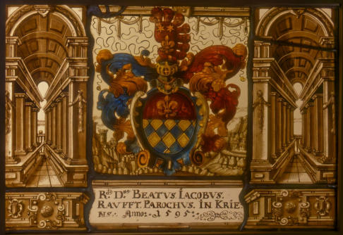 Vitrail aux armes Beatus-Jacobus Rauft, curé de Kriens