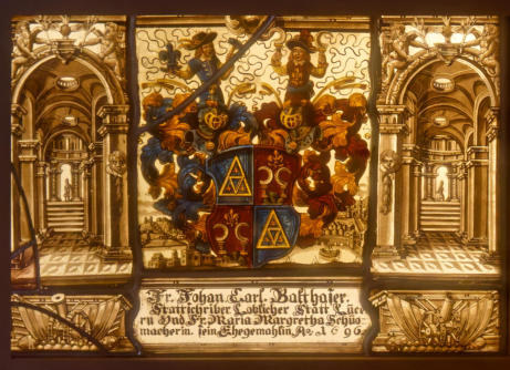 Vitrail aux armes de Johan-Carl Balthasar et de Margaretha Schumacher, son épouse